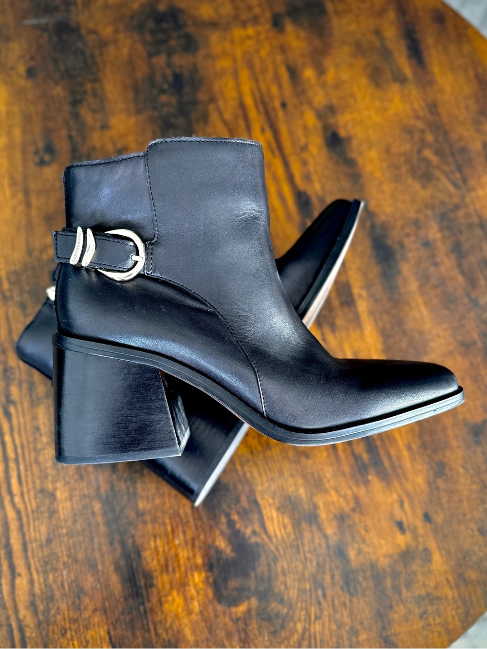 Vince Camuto Black Leather Buckle Block Heel Ankle Boots